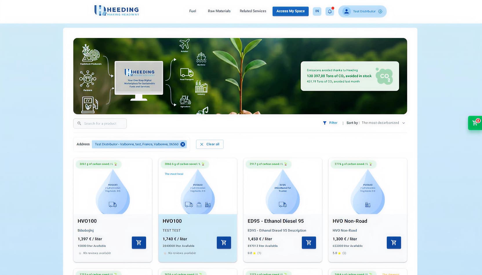 La plateforme Heeding — catalogue de carburants durables avec prix, traçabilité et conformité