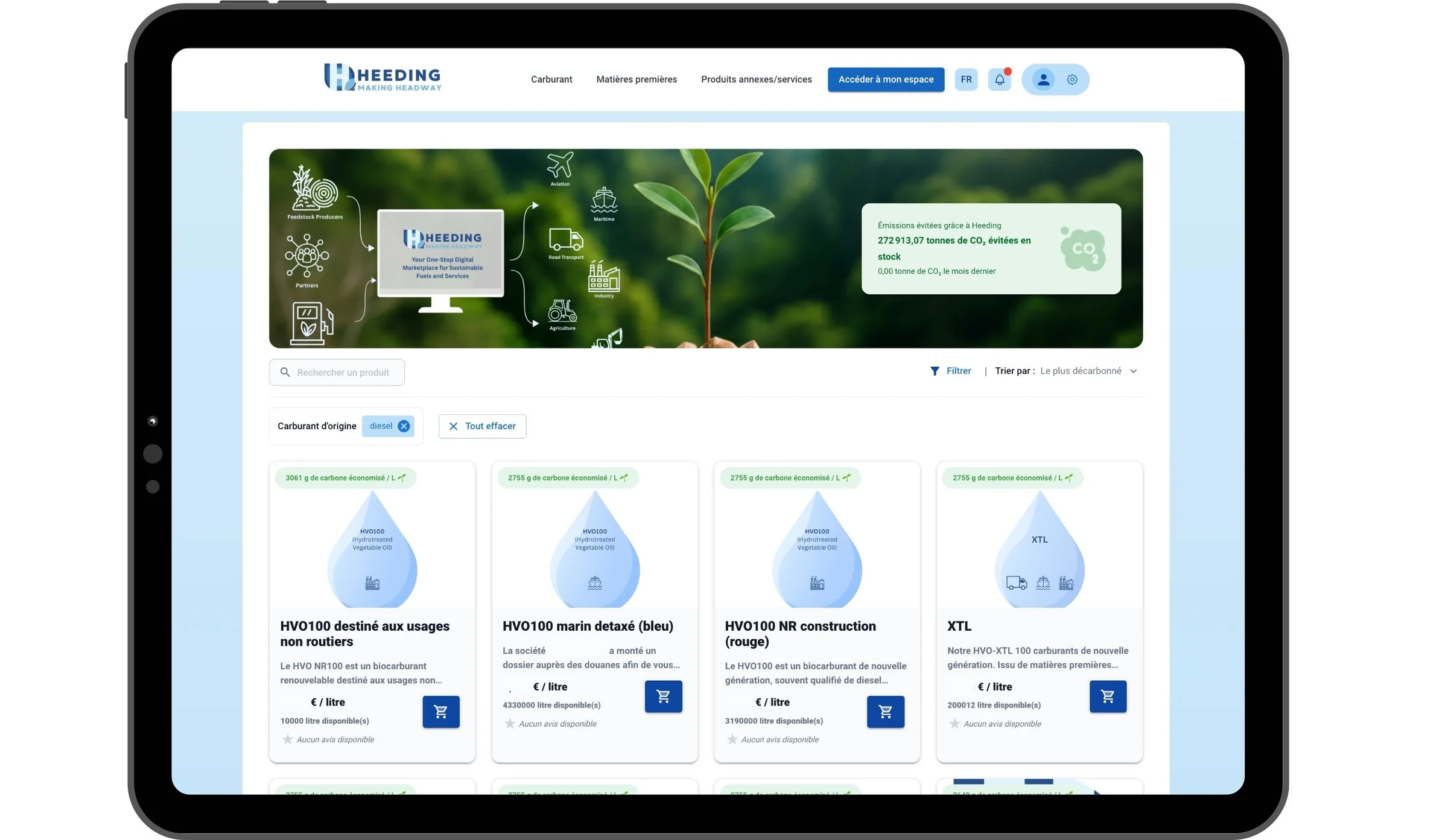 Tableau de bord de la plateforme Heeding — sourcing, conformité et traçabilité des carburants durables