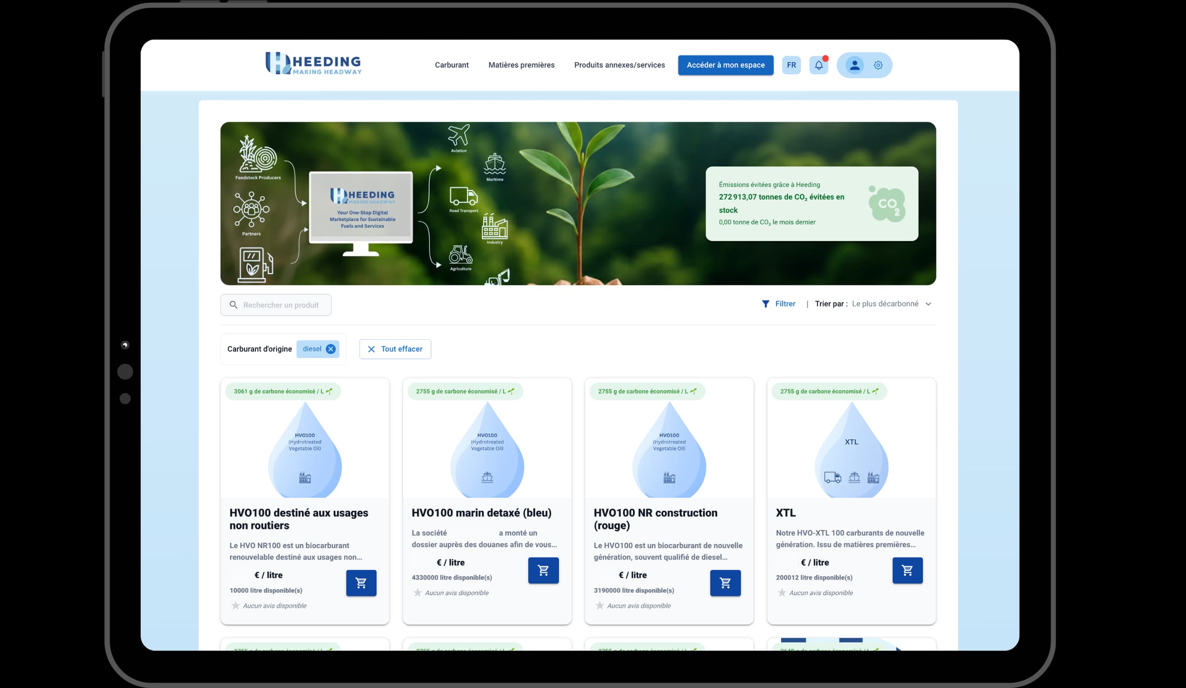 Tableau de bord de la plateforme Heeding — sourcing, conformité et traçabilité des carburants durables